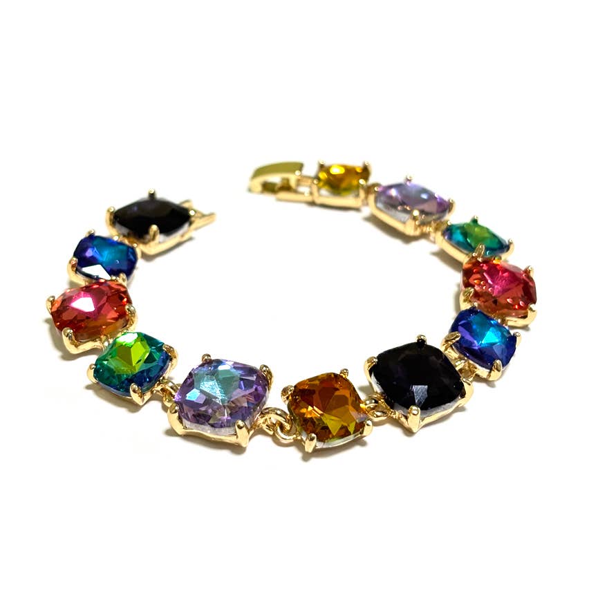 Cushion Cut Glass Crystal Linked Station Bracelet: Green Multi