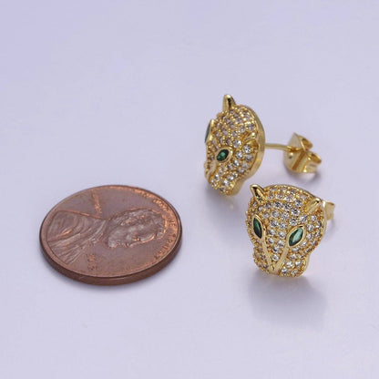 Gold Pave Crystal Leopard Head Ear Stud Earring T-415 T-416: Gold