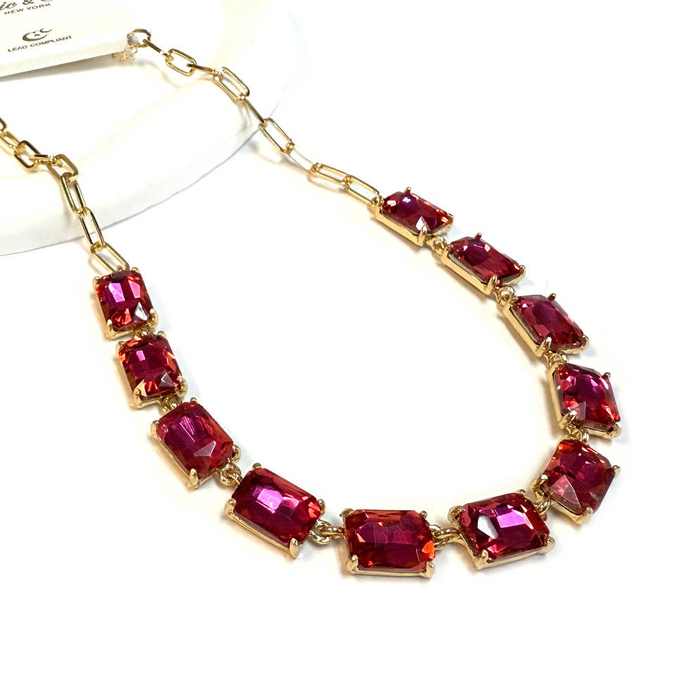 Rectangle Crystal Glass Linked Statement Chain Necklace : Blackdia-AB