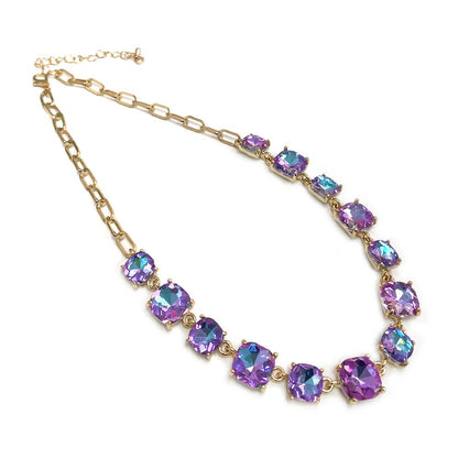 Cushion Cut Square Glass Crystal Linked Chain Necklace: FUCHSIA-AB