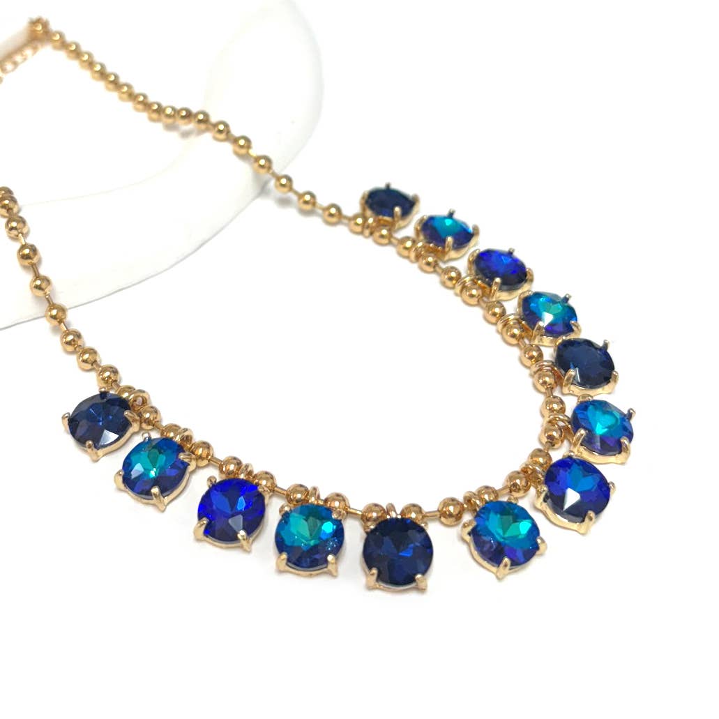 Crystal Glass Bead Dangle Station Ball Beaded Chain Necklace: Antique-Silver-Black-Multi