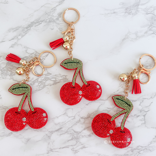 Rhinestone Cherry Keychain – Sparkly Fruit Accessory for Bag