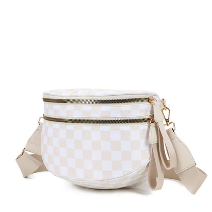 Paulina Nylon Waterproof Multi-Compartment 10" Crossbody Bag: Ivory Checker