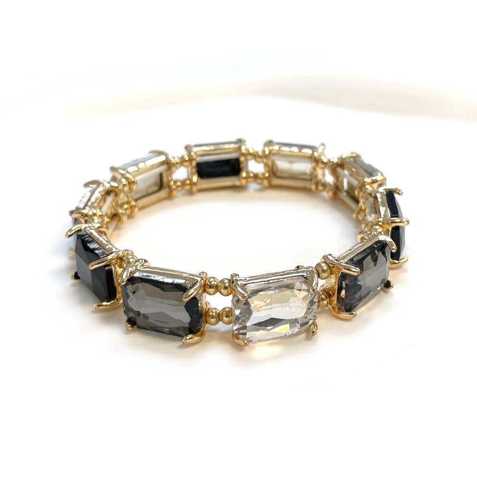 Emerald Cut Crystal Glass Bead Stretched Bracelets: BLACK-MULTI