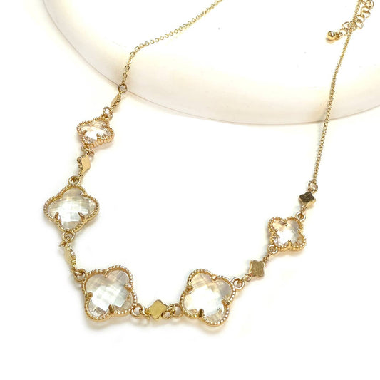 Clover Glass Beads Statement Necklace for women: Gold/Clear