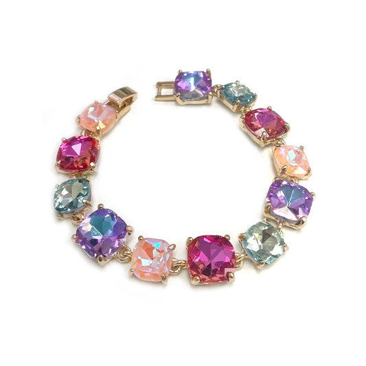 Cushion Cut Glass Crystal Linked Station Bracelet: MULTI-AB