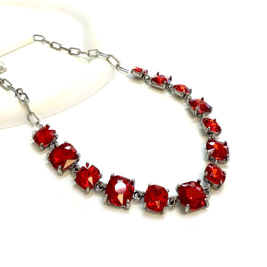 Cushion Cut Square Glass Crystal Linked Chain Necklace: ANTIQUESILVER-RED