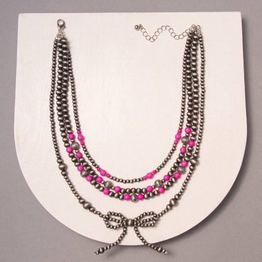 Multi-Strand Western Beaded Necklace with Long Tail Bow: Pink