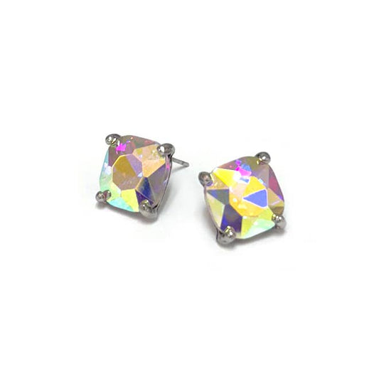 12mm Cushion Cut Square Crystal Glass bead stud Earrings: ANTIQUE-SILVER-AB