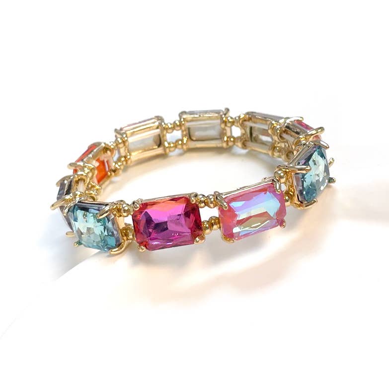 Emerald Cut Crystal Glass Bead Stretched Bracelets: ROSE-MULTI