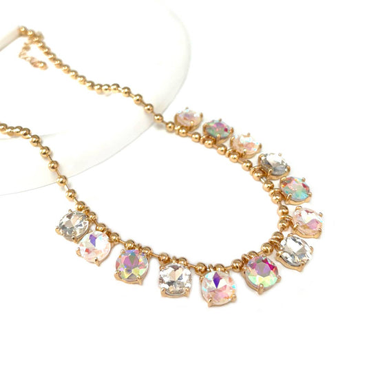 Crystal Glass Bead Dangle Station Ball Beaded Chain Necklace: White Multi