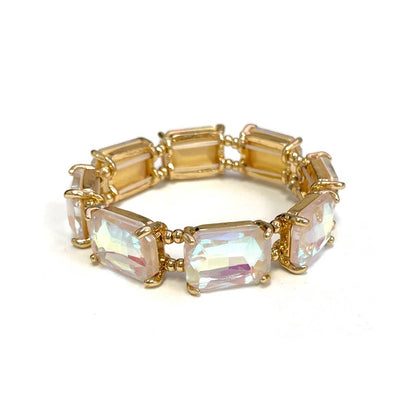 Rectangular Glass Crystal Linked Stretch Bracelet: BROWN-MULTI