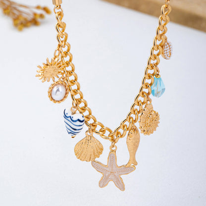 Sea Life Multi Charm- Boho Coastal Denim Necklace