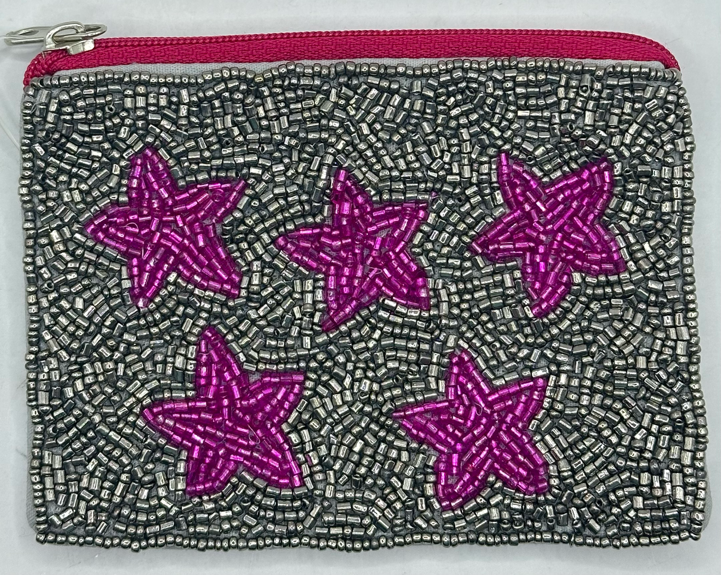FUCHSIA STARS/HEMATITE BEADED MINI POUCH
