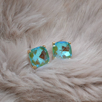 12mm Cushion Cut Square Crystal Glass bead stud Earrings: SILVER-CLEAR