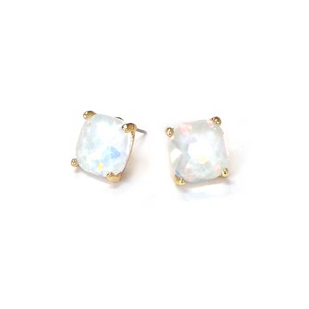 12mm Cushion Cut Square Crystal Glass bead stud Earrings: PASTEL-WHITE