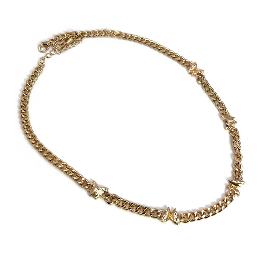 Butterfly Station Curbed Cuban Metal Chain Linked Necklace: Gold