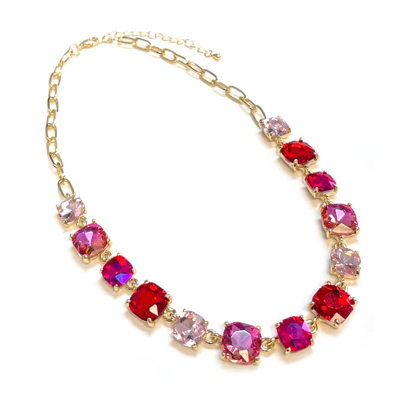 Cushion Cut Square Glass Crystal Linked Chain Necklace: BLUE(BU)-AB