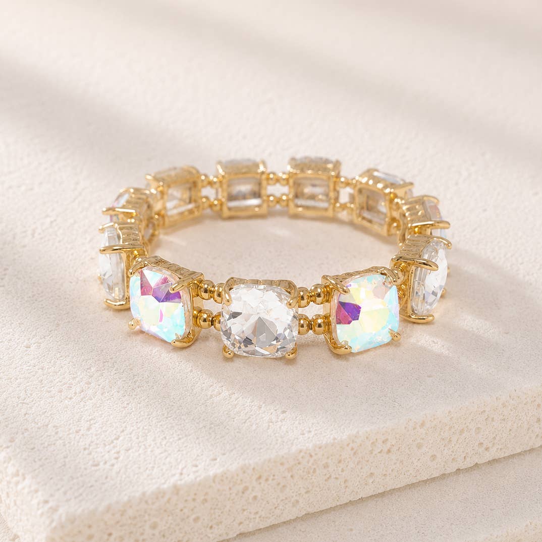 Cushion Cut Glass Crystal Linked Stretch Bracelet: PASTEL-PERI-BLUE
