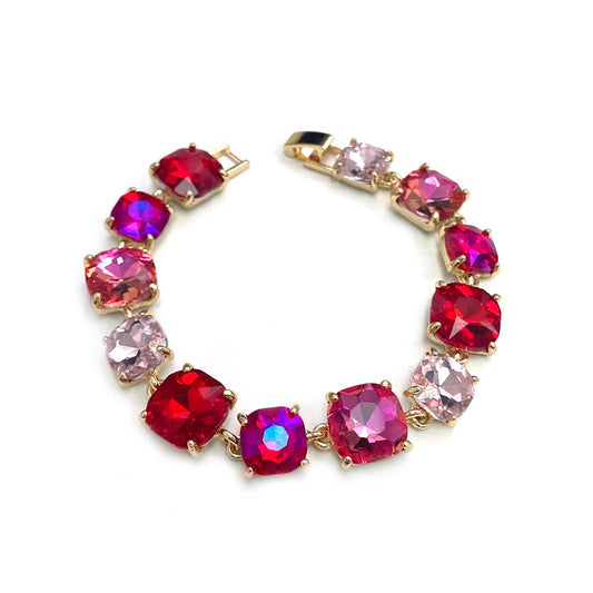 Cushion Cut Glass Crystal Linked Station Bracelet: FUCHSIA-MULTI