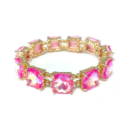 Neon Cushion Cut Glass Crystal Linked Stretch Bracelet: Neon-Fuchsia-AB