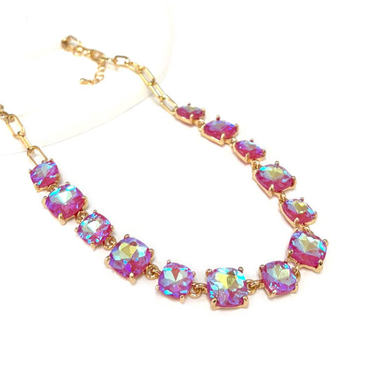 Cushion Cut Square Glass Crystal Linked Chain Necklace: CORAL-AB