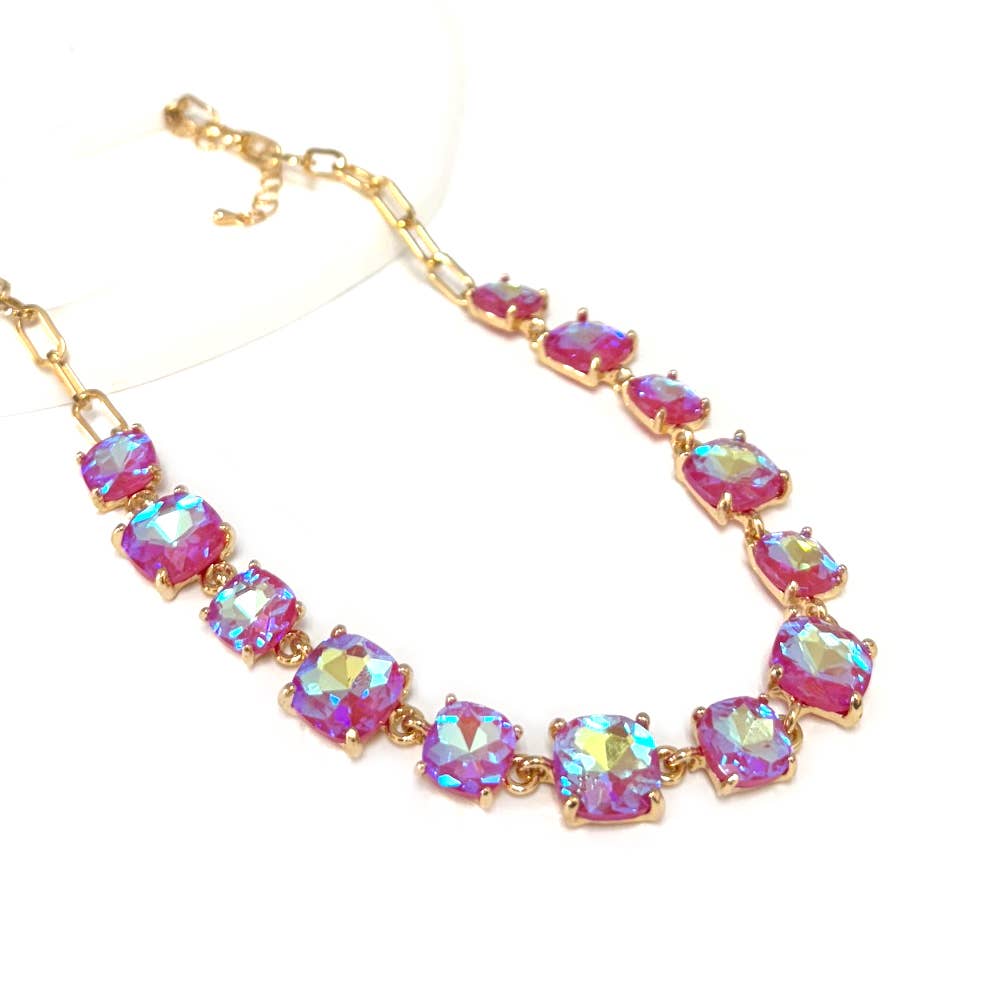 Cushion Cut Square Glass Crystal Linked Chain Necklace: BLUE(BU)-AB