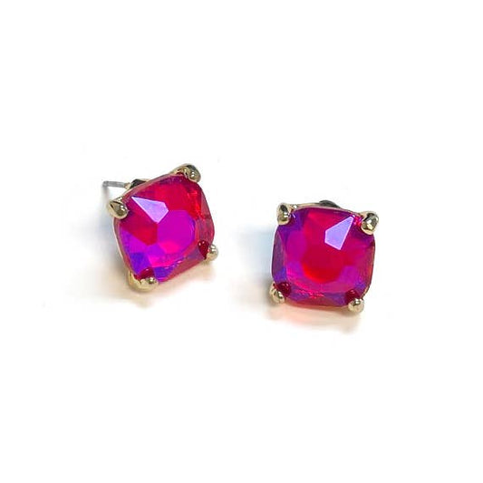 12mm Cushion Cut Square Crystal Glass bead stud Earrings: FUCHSIA-AB