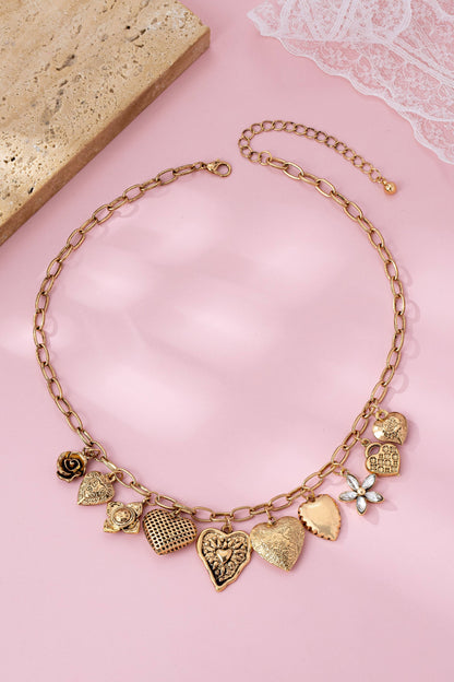 Vintage Gold-Tone Heart Charm Cluster Necklace