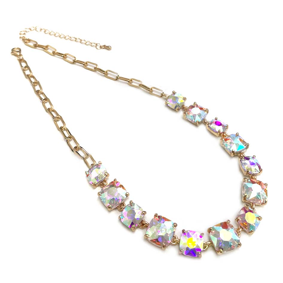 Cushion Cut Square Glass Crystal Linked Chain Necklace: BLUE(BU)-AB