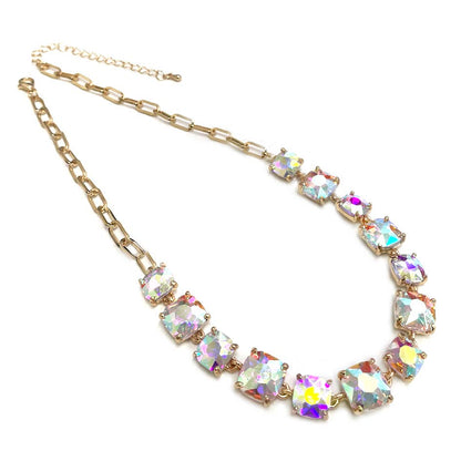 Cushion Cut Square Glass Crystal Linked Chain Necklace: BLUE(BU)-AB