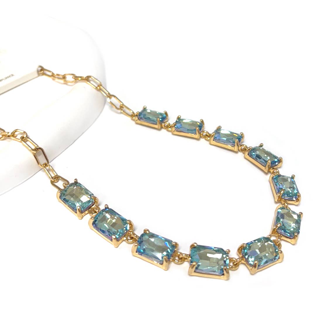 Rectangle Crystal Glass Linked Statement Chain Necklace : Blackdia-AB