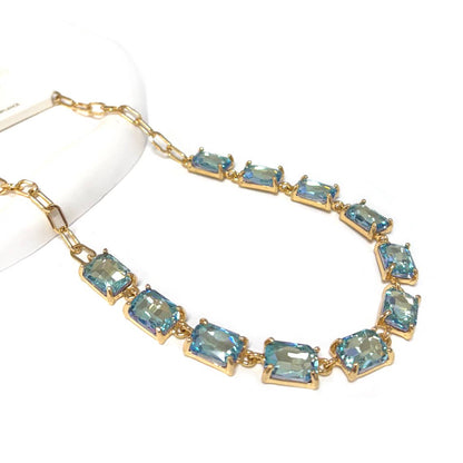 Rectangle Crystal Glass Linked Statement Chain Necklace : Blackdia-AB