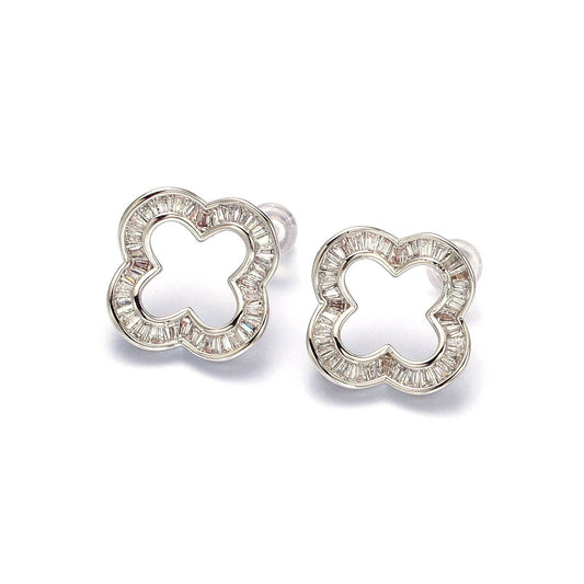 Gold Clear Baguette Open Quatrefoil Clover Stud Earrings in Gold & Silver: Silver