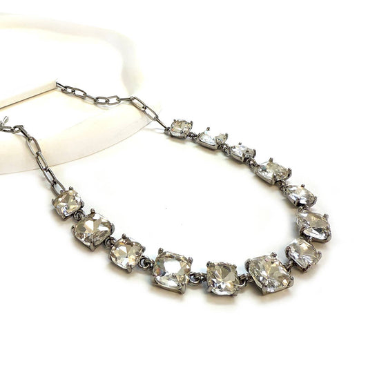 Cushion Cut Square Glass Crystal Linked Chain Necklace: ANTIQUESILVER-CLEAR