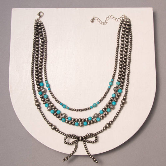 Multi-Strand Western Beaded Necklace with Long Tail Bow: Turquoise