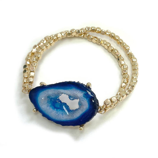Resin Large Agate Pendant Gold Beaded Stretch Bracelet: Blue
