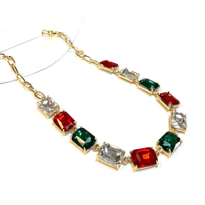Rectangle Crystal Glass Linked Statement Chain Necklace : Blackdia-AB