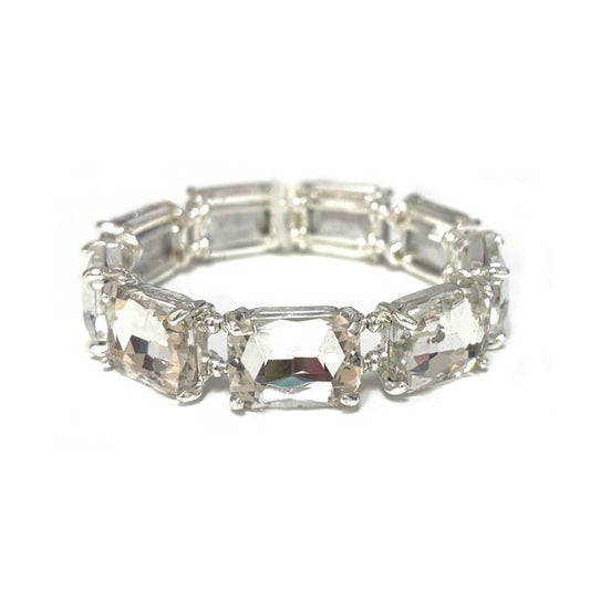 Rectangular Glass Crystal Linked Stretch Bracelet: SILVER-X-CLEAR
