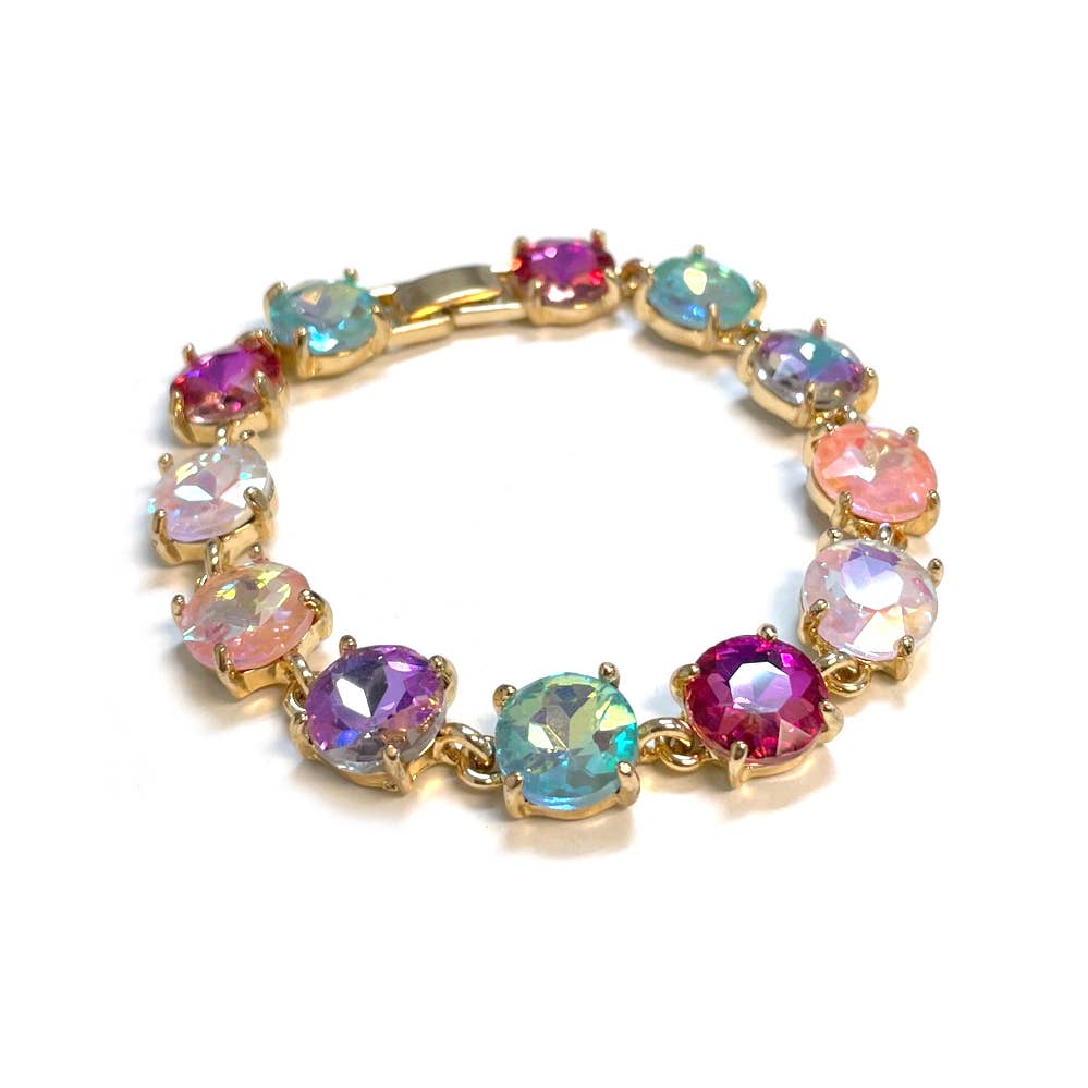 Round Cushion Cut Crystal Glass Linked Bracelet: ANTIQUE-SILVER-BLACK-MULTI