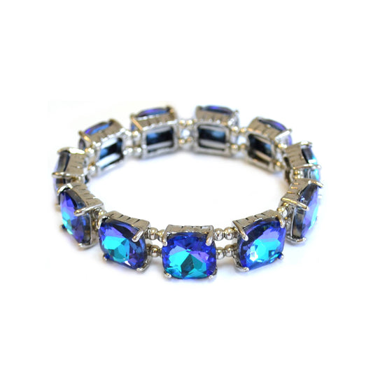 Cushion Cut Glass Crystal Linked Stretch Bracelet: Antique-Xblue