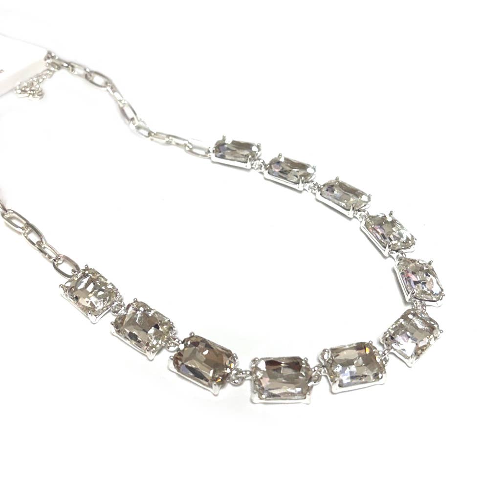 Rectangle Crystal Glass Linked Statement Chain Necklace : Blackdia-AB