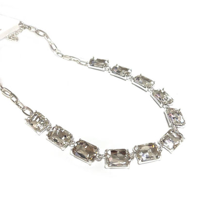 Rectangle Crystal Glass Linked Statement Chain Necklace : Blackdia-AB