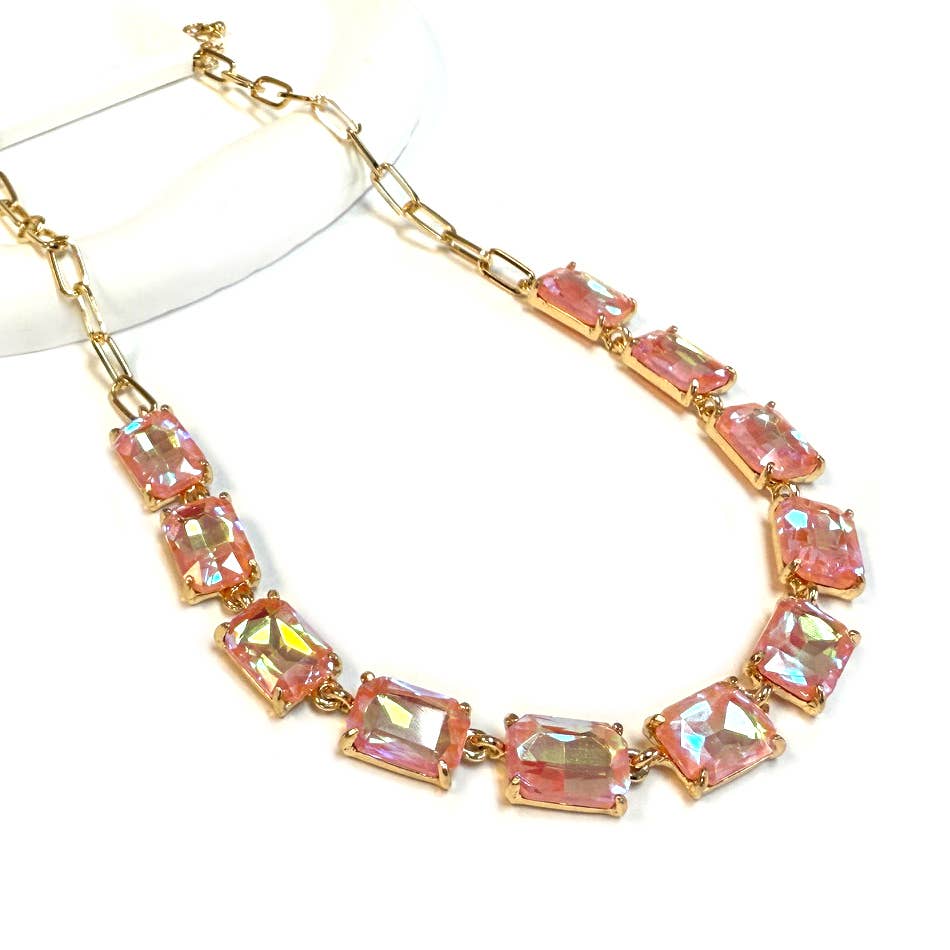 Rectangle Crystal Glass Linked Statement Chain Necklace : Blackdia-AB