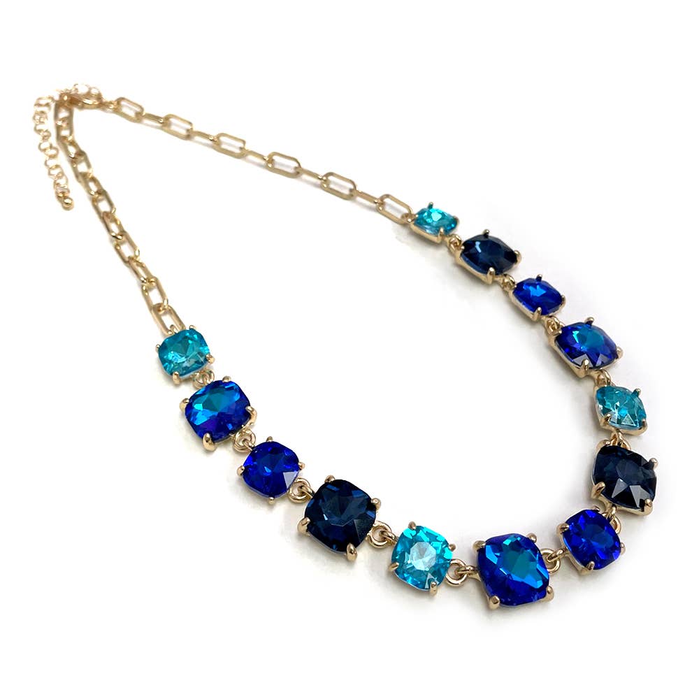 Cushion Cut Square Glass Crystal Linked Chain Necklace: BLUE(BU)-AB