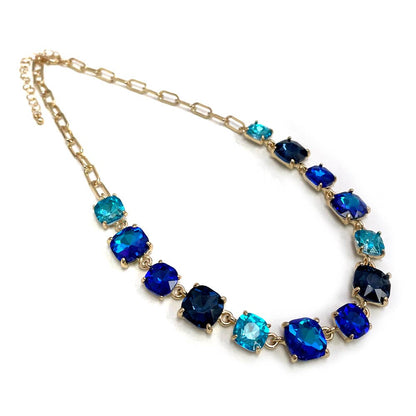 Cushion Cut Square Glass Crystal Linked Chain Necklace: BLUE(BU)-AB