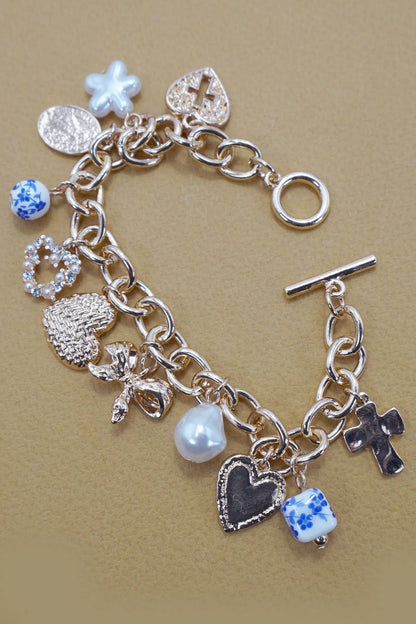 CERAMIC PORCELAIN HEART BOW PEARL CHARM BRACELET