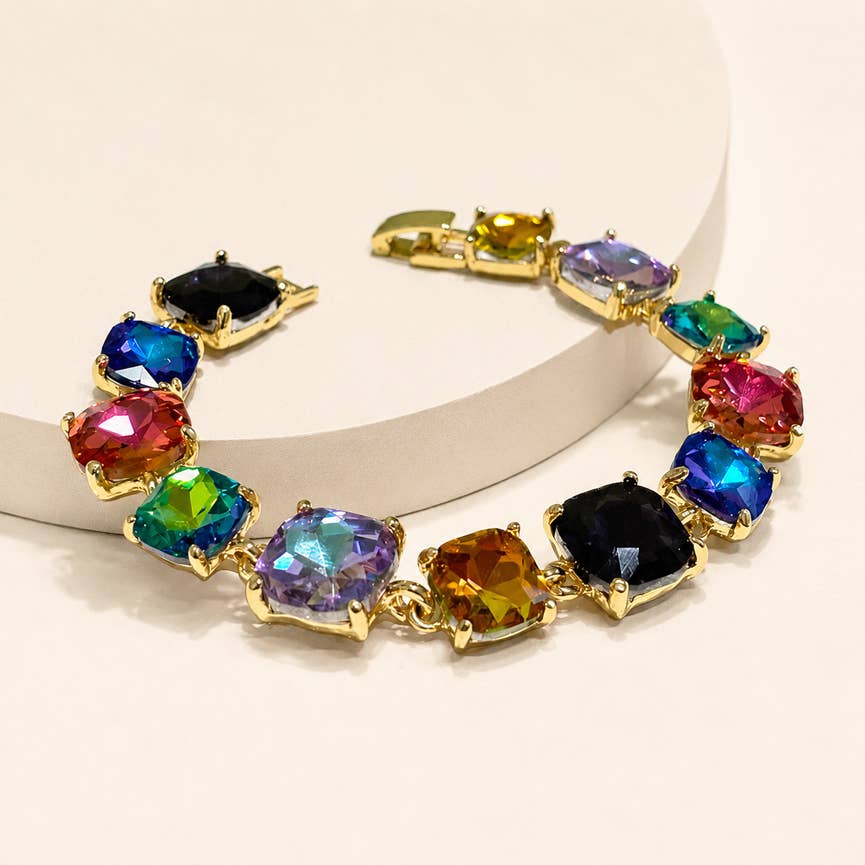 Cushion Cut Glass Crystal Linked Station Bracelet: Green Multi
