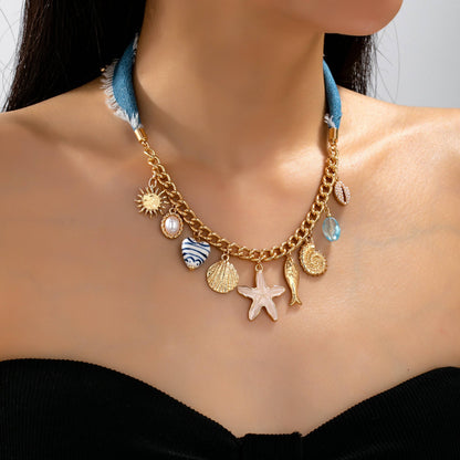 Sea Life Multi Charm- Boho Coastal Denim Necklace