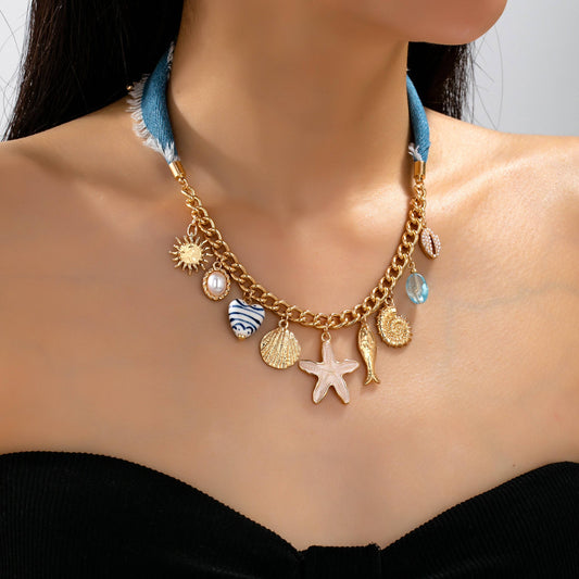 Sea Life Multi Charm- Boho Coastal Denim Necklace
